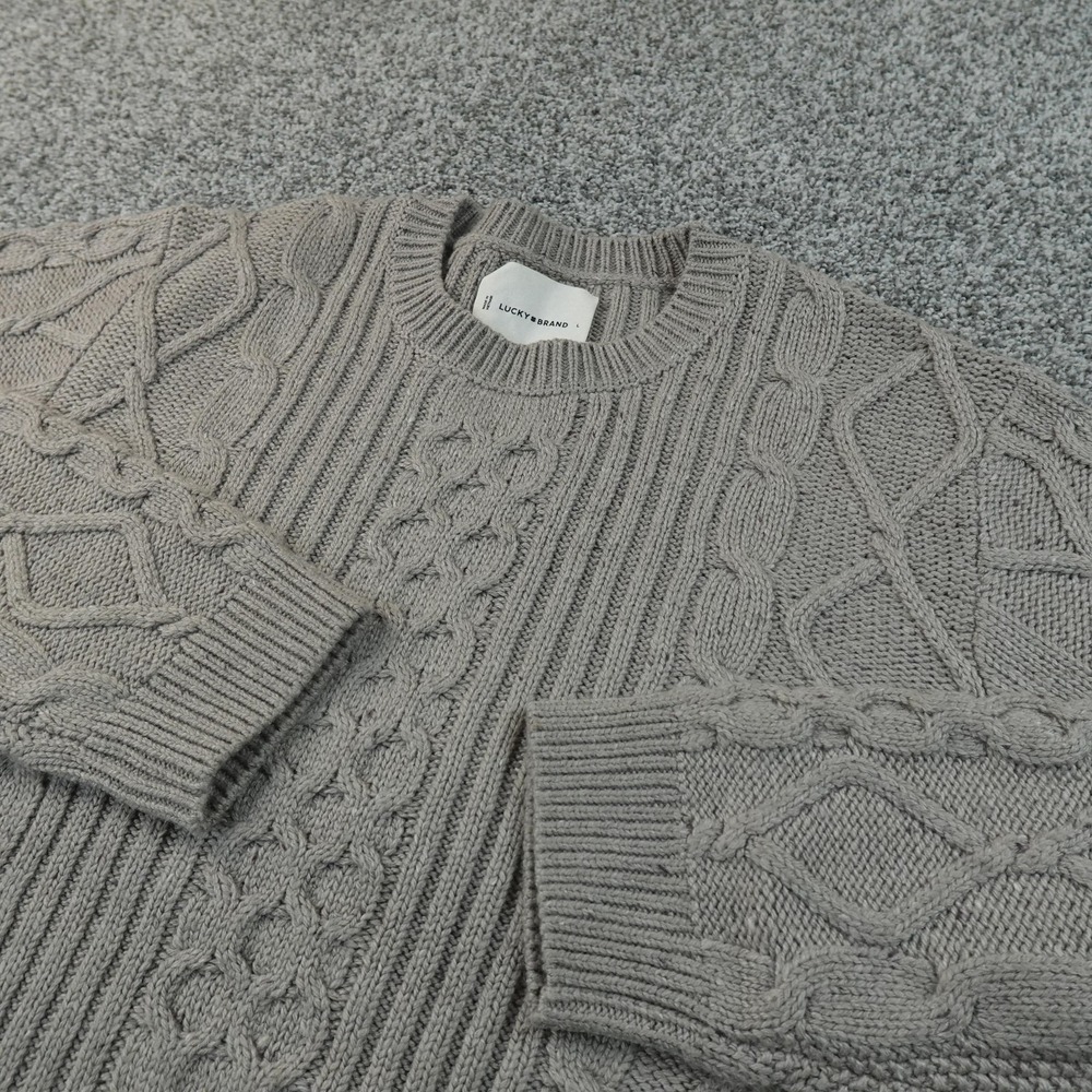 Lucky Brand Sweater Mens L Gray Aran Cable Knit Heavyweight Crewneck Pullover
